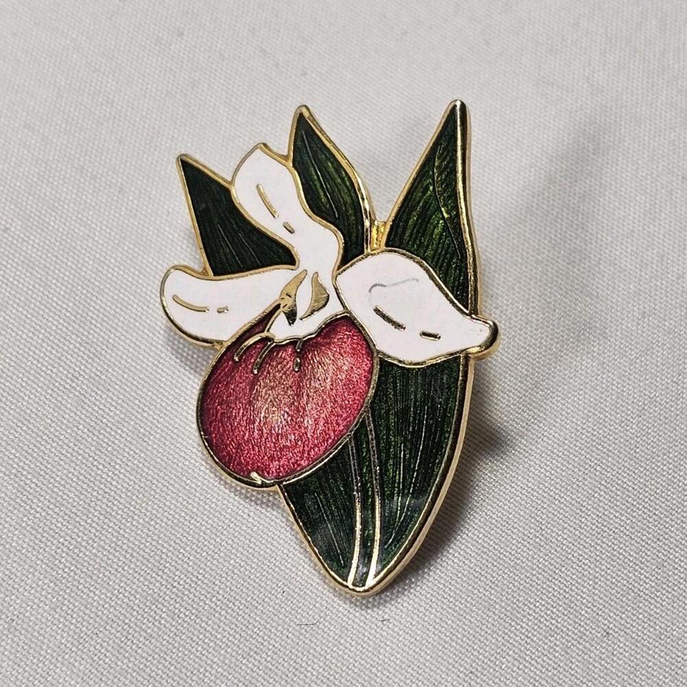 Vintage Cloisonne Floral Lady Slipper Orchid Brooch Pin - Picture 1 of 3